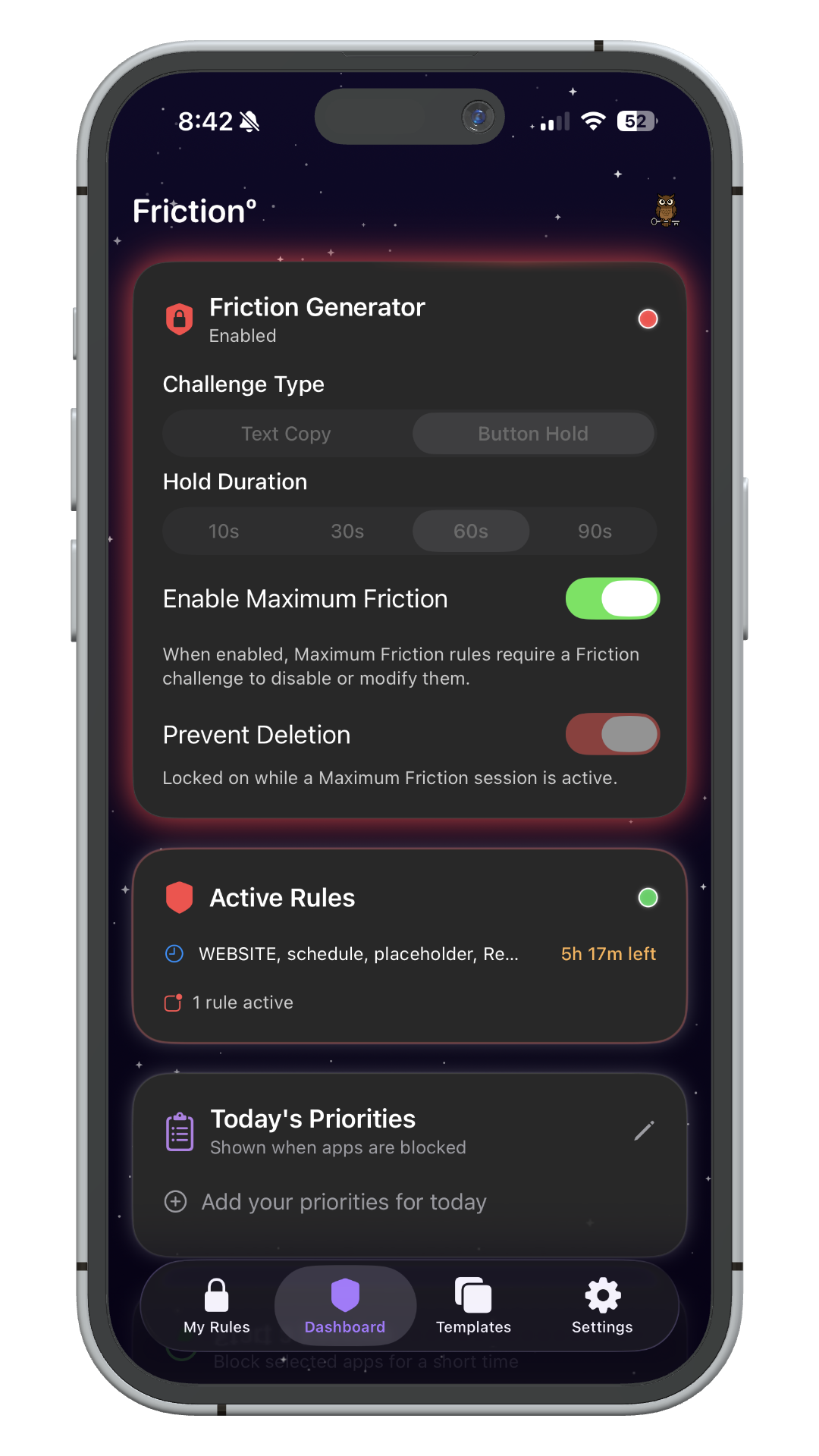 Friction app dashboard